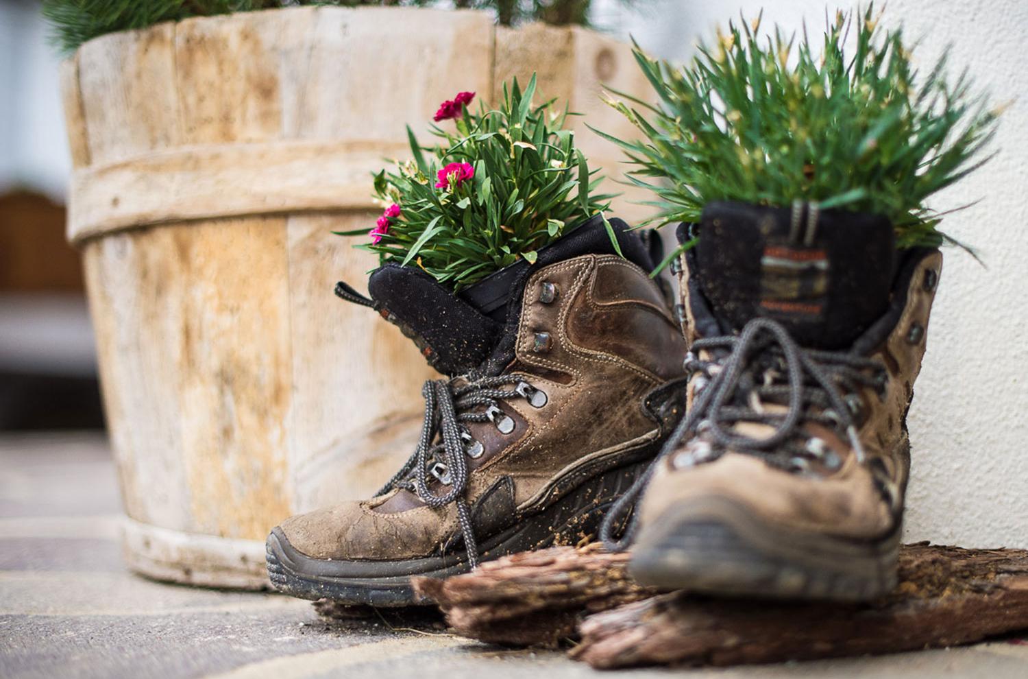 Hiking boots panted with flowers